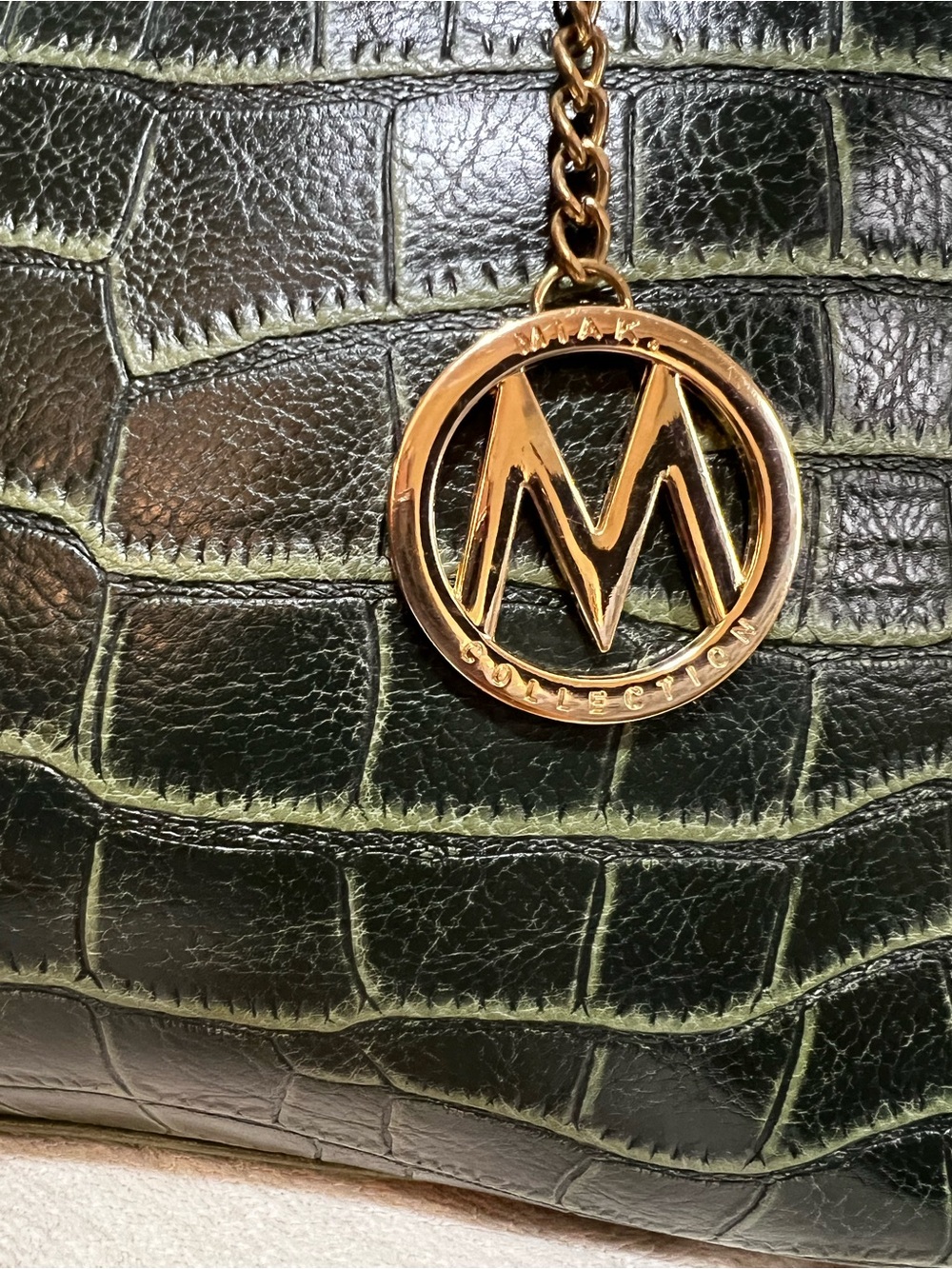 MKF Collection Vegan Leather Faux Croc Embossed Green Satchel Tote EUC - Picture 3 of 14